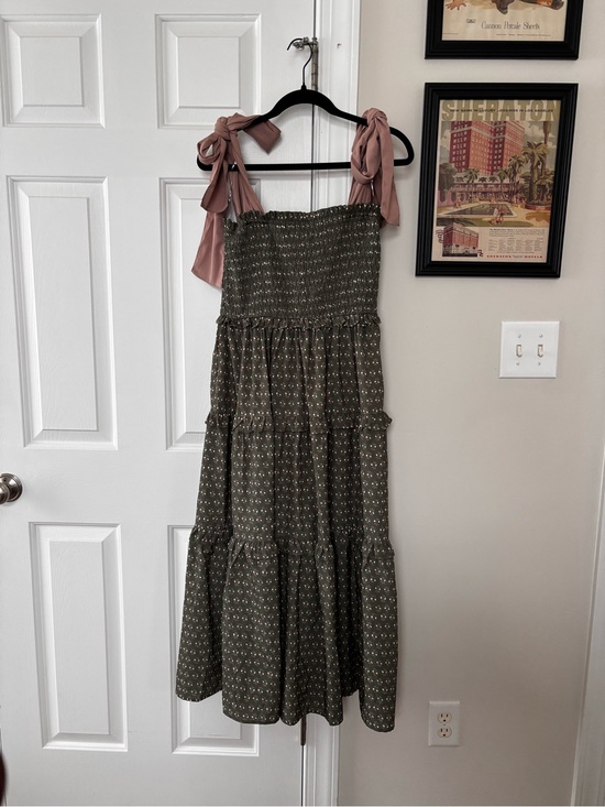 Worth Collective Dresses & Skirts - Smocked Tiered Maxi Dress with Tie Shoulder Straps - Olive Green and Dusty Rose